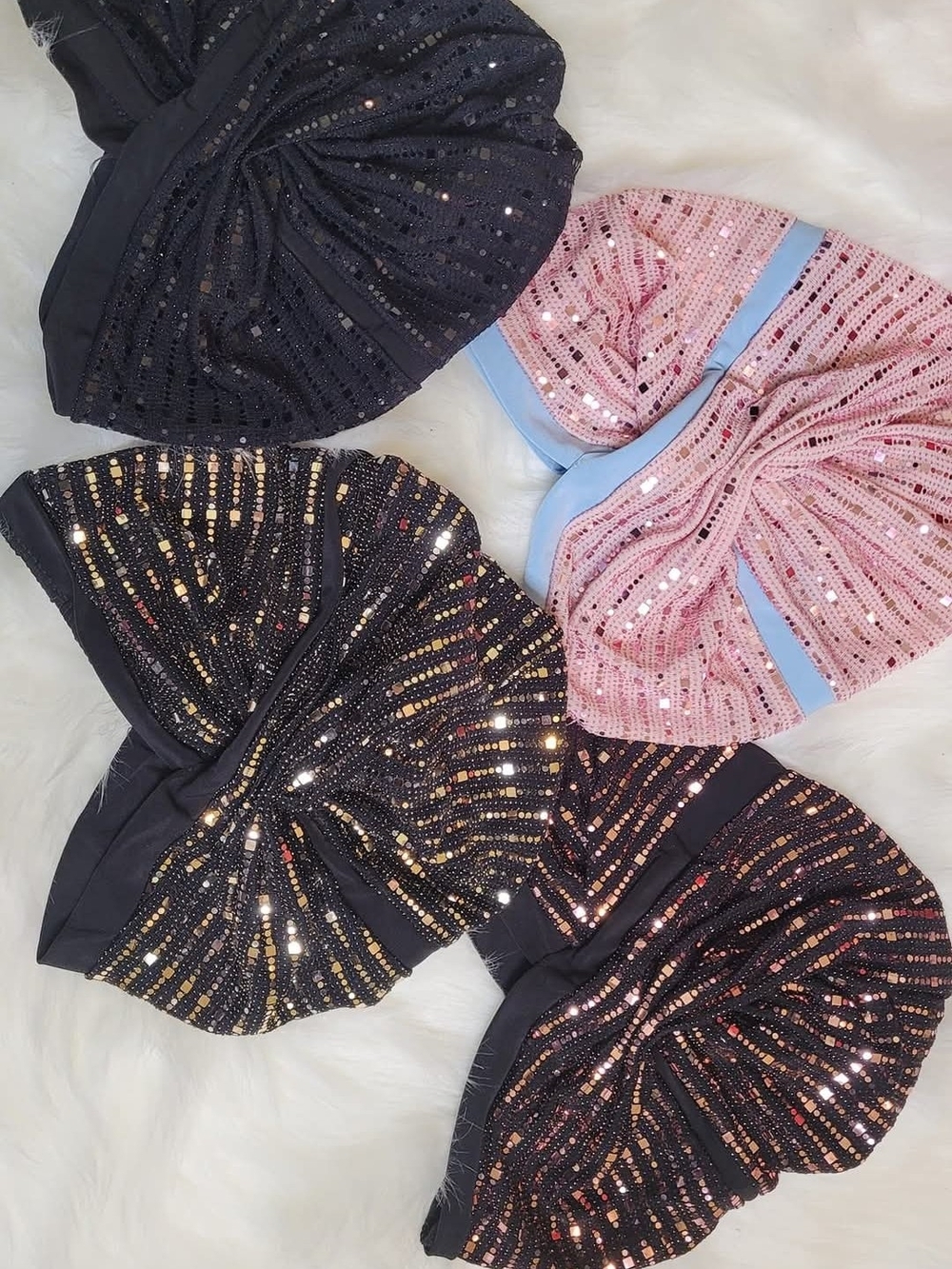 Set Of 4 Sequin Turban Headwrap - Black & Pink Sparkle